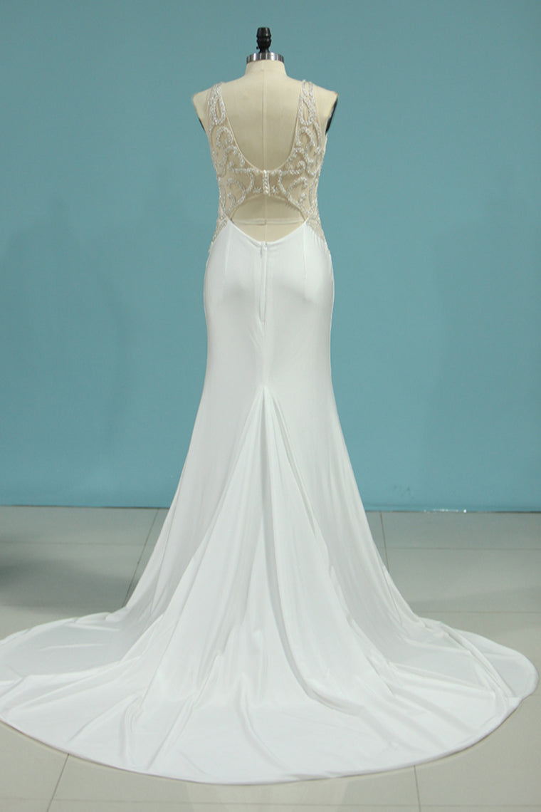 2024 Sexy Open Back Scoop Spandex With Beading Mermaid Wedding Dresses