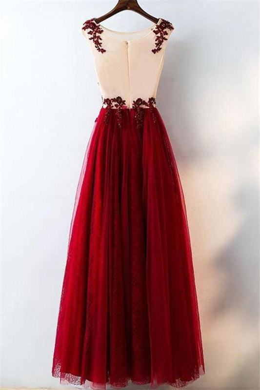 Elegant Burgundy A-Line Lace Tulle Prom Dresses Beautiful Party Dresses