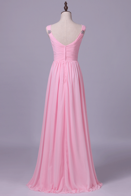 2024 Straps Bridesmaid Dresses A Line Chiffon With Ruffles Floor Length