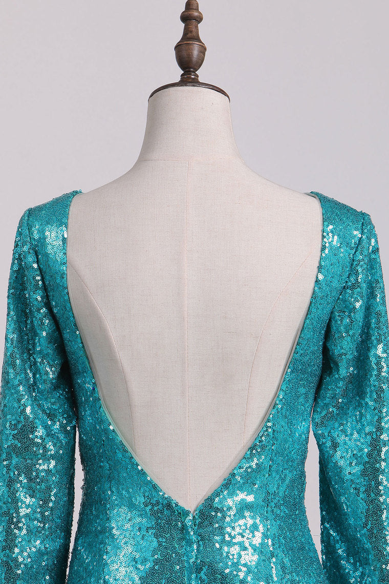 2024 Sexy Open Back Long Sleeve Prom Dresses Sequins Mermaid Sweep Train