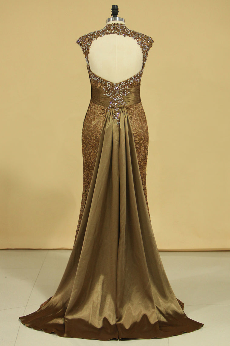 2024 Brown High Neck Evening Dresses Column With Beading Lace Sweep Train