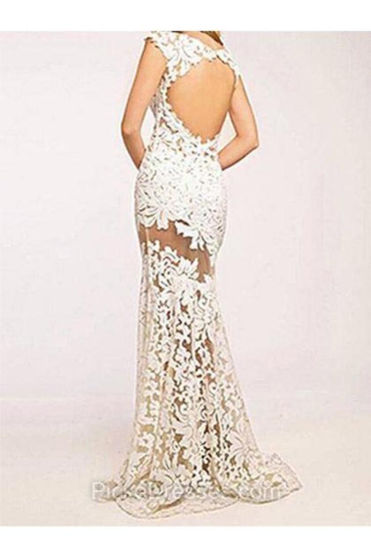 Mermaid Scoop  Prom Dresses With Applique Sweep Train Cap Sleeves