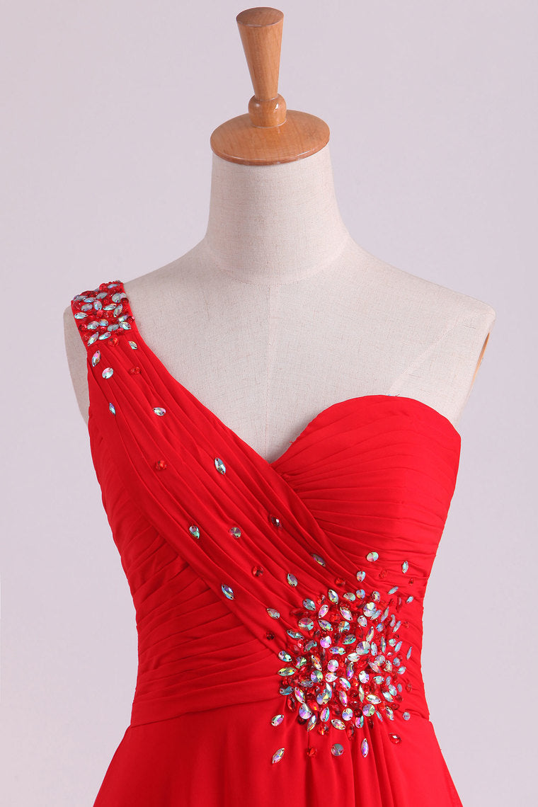 2024 Red One Shoulder A Line Prom Dresses Chiffon Floor Length With Beading And Ruffles