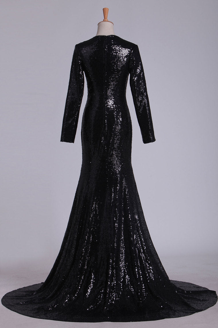 2024 Prom Dresses V Neck Long Sleeves Sequins Sweep Train Black