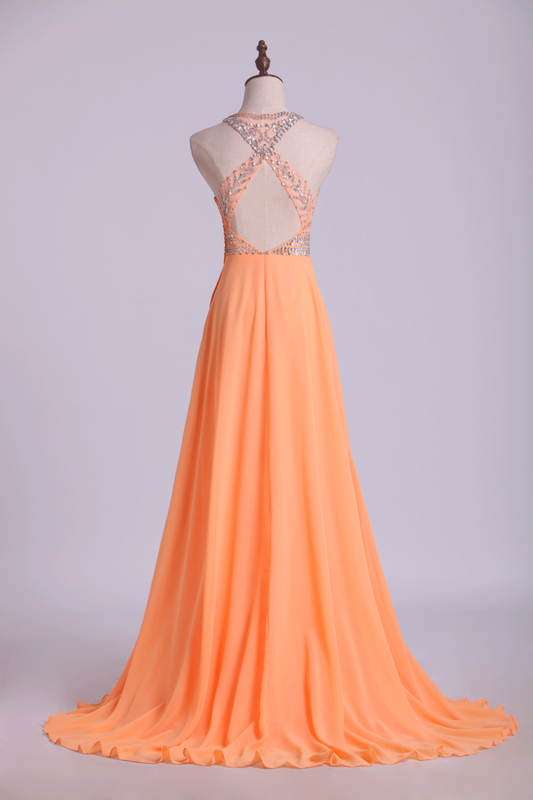 2024 Halter A-Line Prom Dresses Tulle And Chiffon Sweep Train