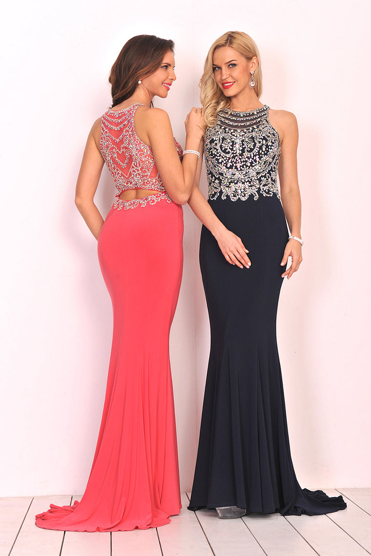 2024 Spandex Scoop With Beading Prom Dresses Mermaid Sweep Train