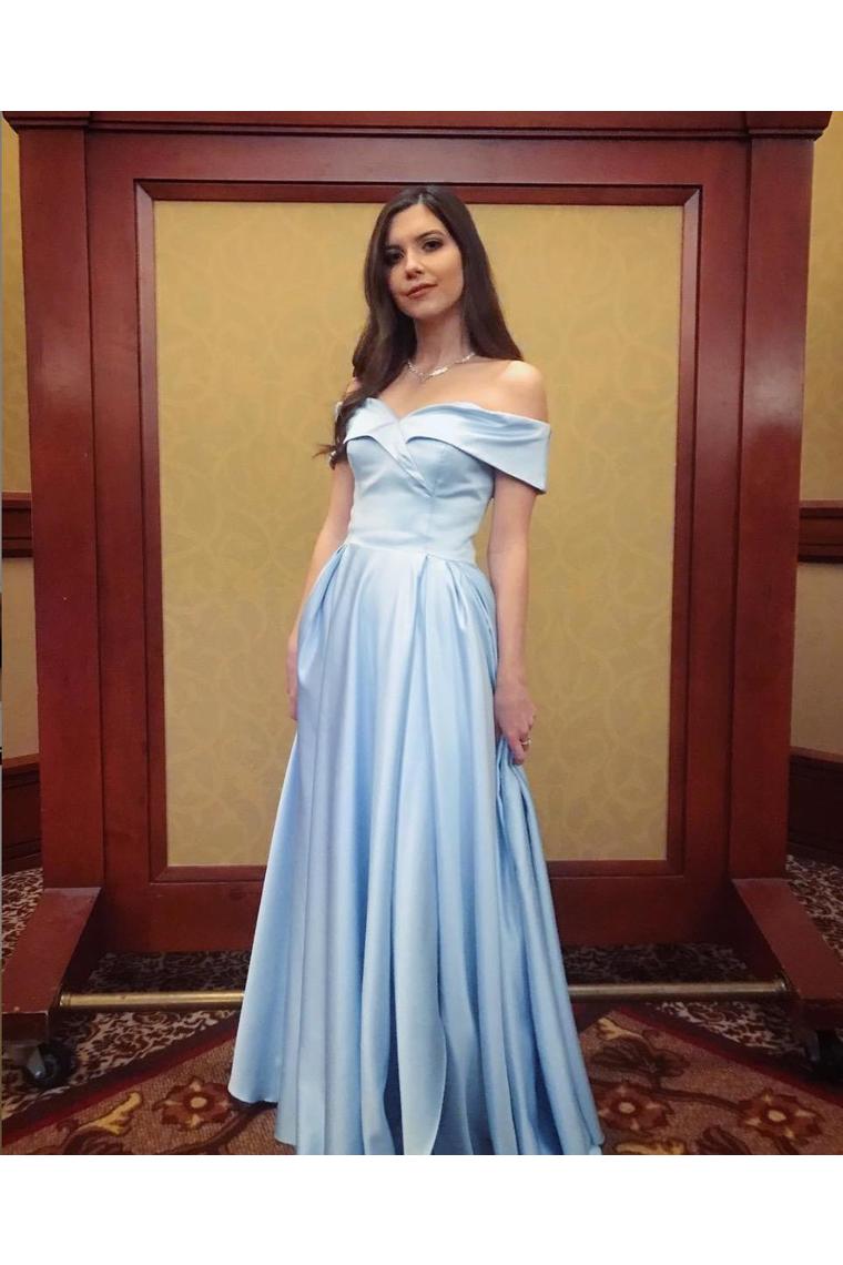 Off The Shoulder Blue Satin Long Modest Prom Dresses Evening Dresses