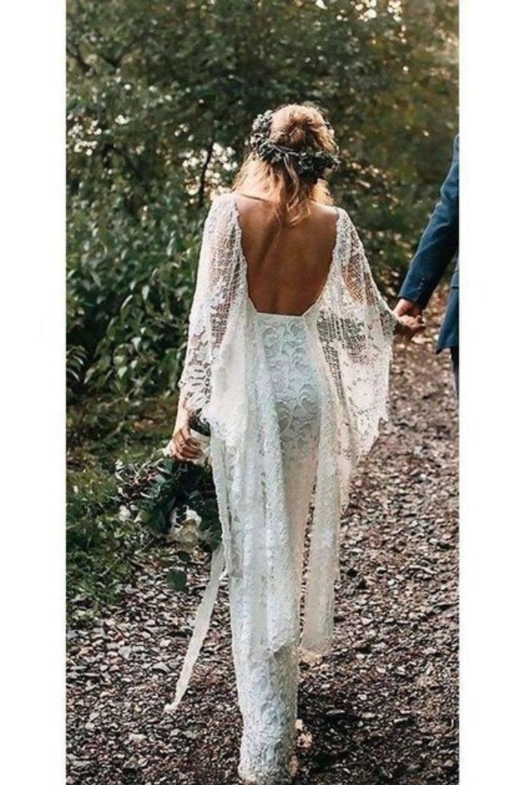 Sexy Open Back Wedding Dresses Sheath V Neck Lace With Slit&Appliques