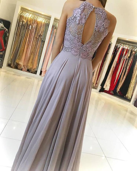 Elegant High Neck Open Back Sleeveless With Lace Appliques Prom Dresses