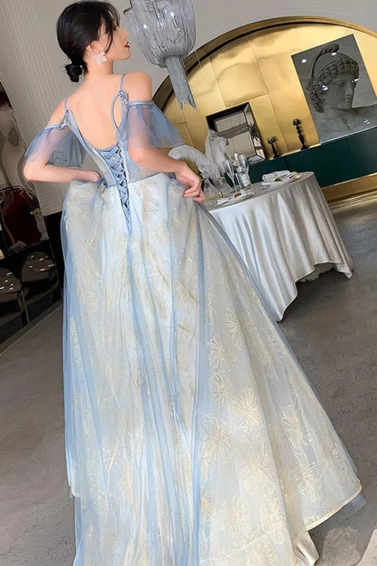 Unique V Neck Long Tulle Party Dress With Lace, Sexy Sleeveless Long Prom Gown