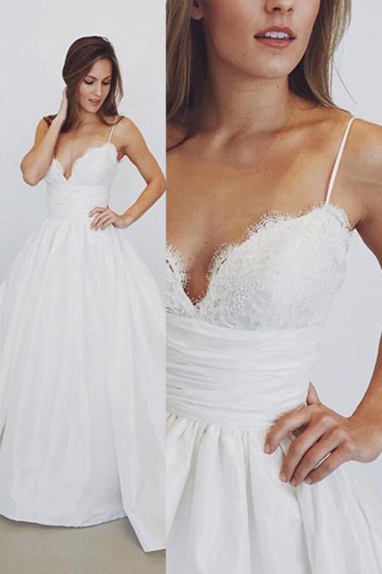 Spaghetti Straps Long Ivroy Lace Satin Wedding Dresses Bridal Dresses