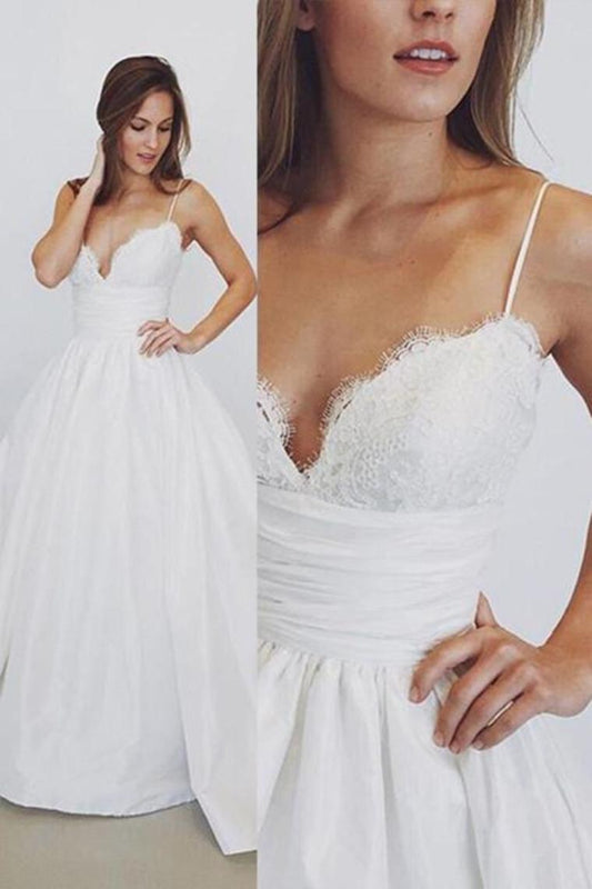 Modest Ivory Lace Satin Long Spaghetti Straps Simple Elegant Wedding Dresses