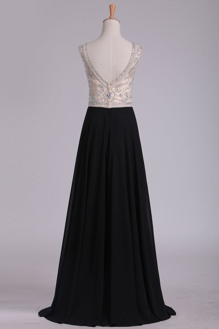 2024 Cap Sleeve Prom Dresses Bateau With Beading And Slit Chiffon