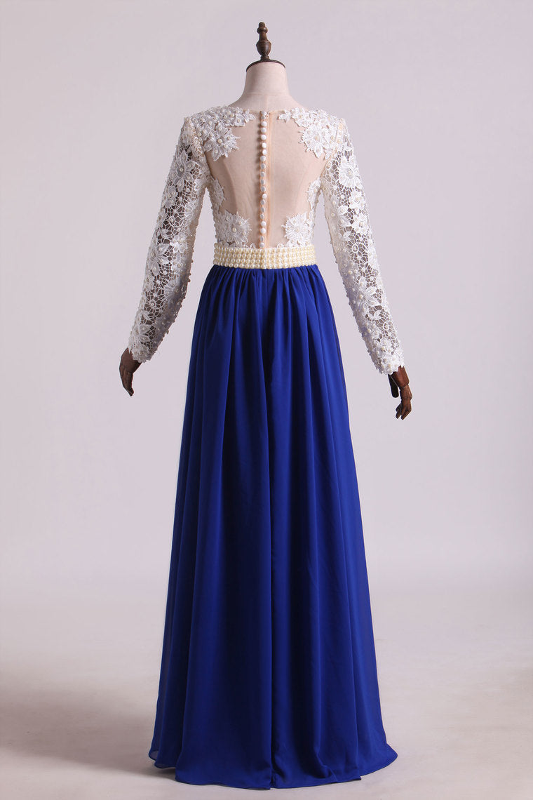 2024 Hot V Neck Prom Dresses A Line Chiffon With Applique Sweep Train Dark Royal Blue