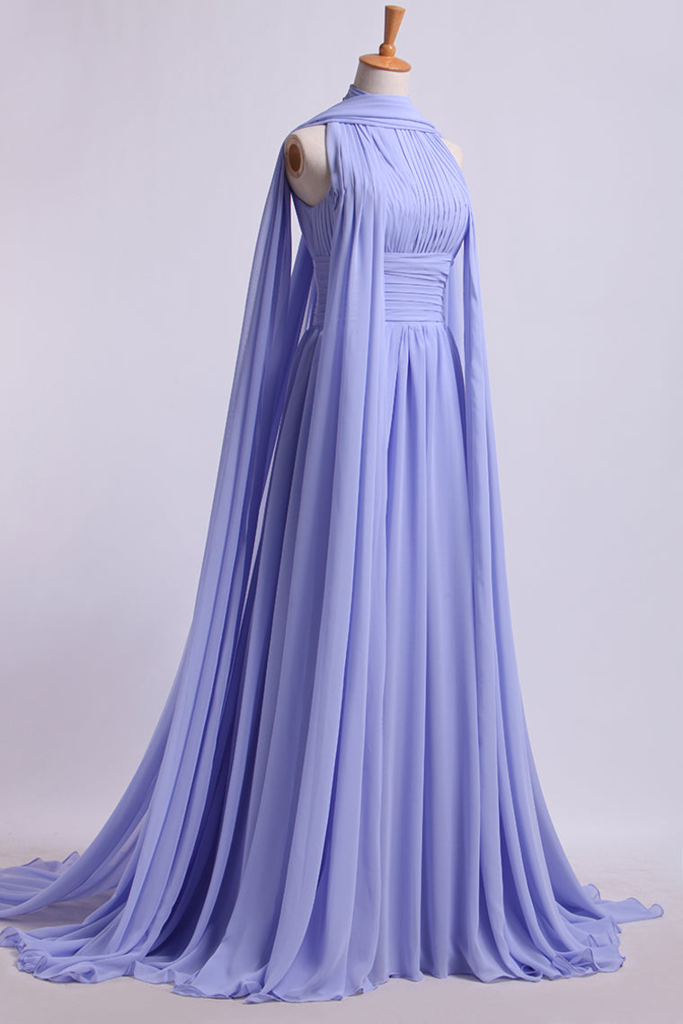 2024 High Neck Pleated Bodice Prom Dresses A-Line Chiffon Sweep Train