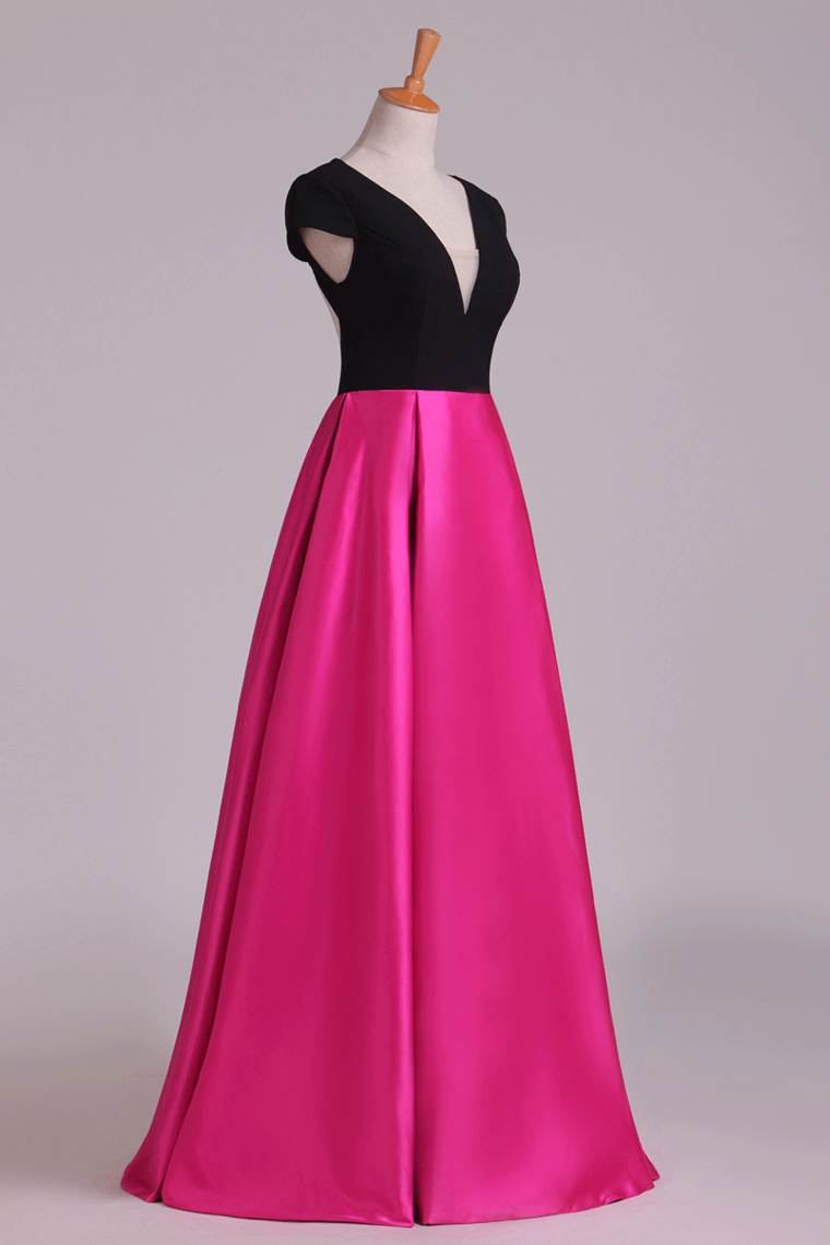 2024 Evening Dress Open Back V-Neck Short Sleeve A-Line Satin Black Bodice Floor-Length