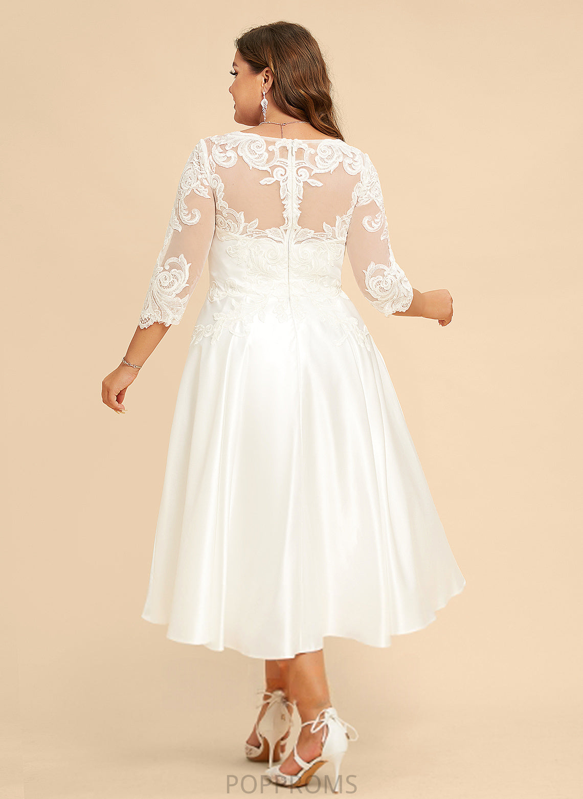 A-Line Wedding Maud Lace Wedding Dresses Tea-Length Illusion Satin Dress