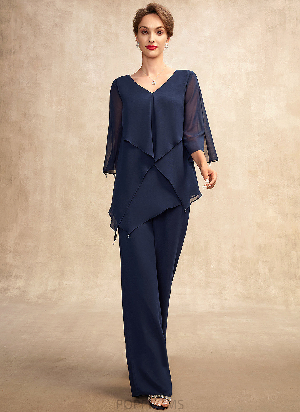 the Cascading Jumpsuit/Pantsuit Dress Autumn Mother of the Bride Dresses Chiffon Floor-Length With V-neck of Bride Ruffles Mother