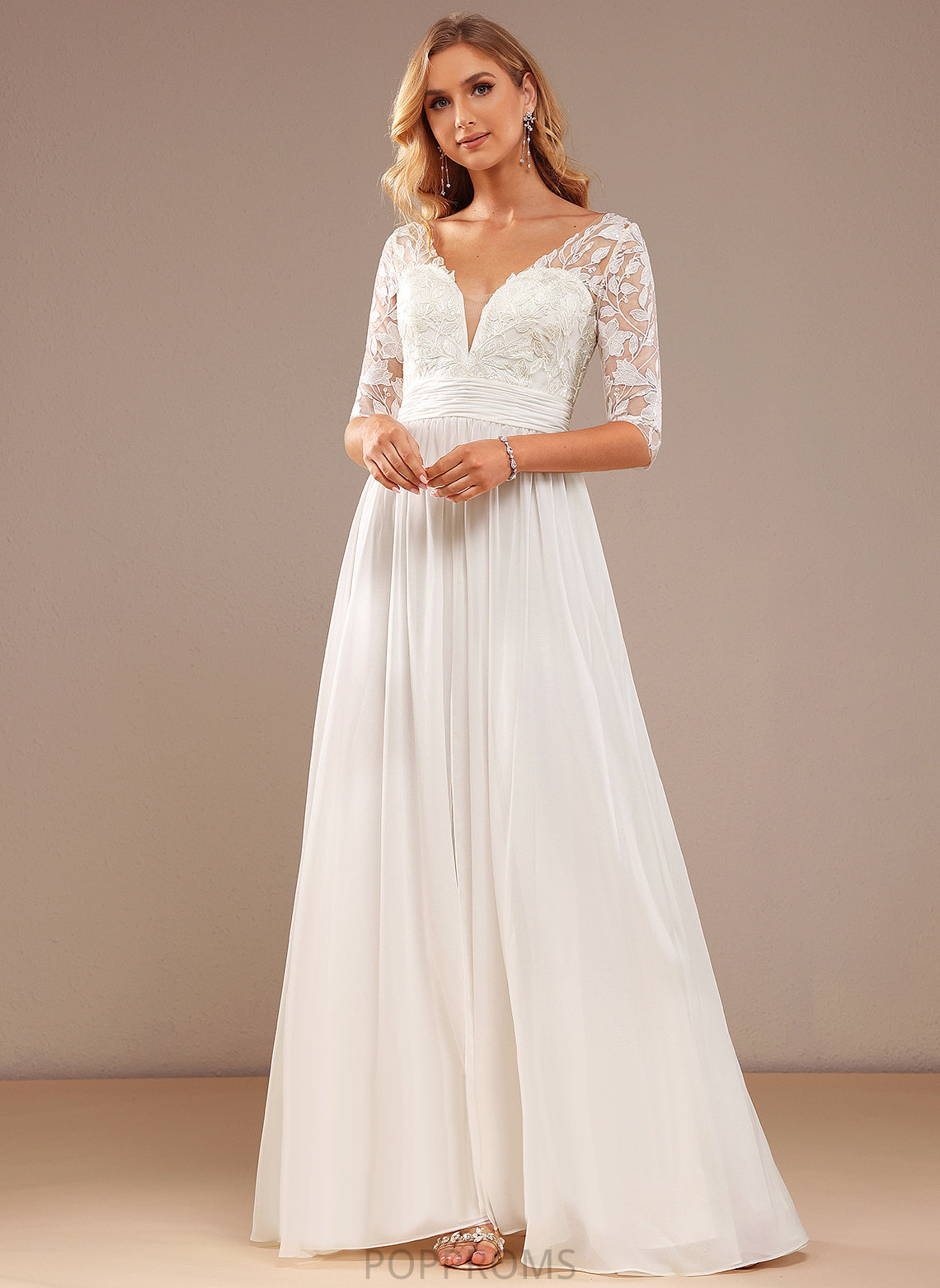 Ruffle Lace V-neck Maren Dress A-Line Floor-Length Wedding Dresses Wedding With Chiffon Sequins