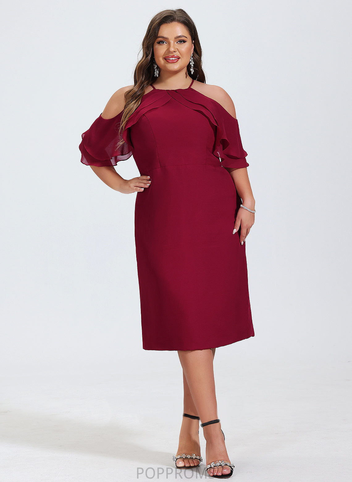 Dress Lilyana Sheath/Column Knee-Length Chiffon Ruffles Square Cocktail Cascading With Neckline Cocktail Dresses