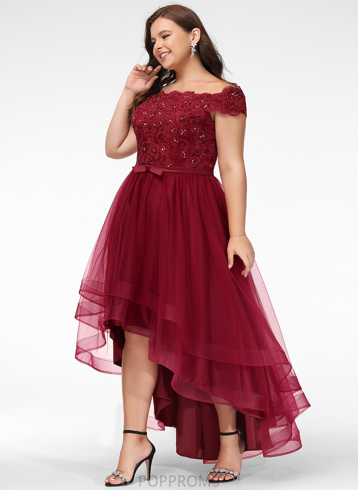 With Off-the-Shoulder A-Line Sequins Lace Tulle Asymmetrical Diya Beading Bow(s) Prom Dresses