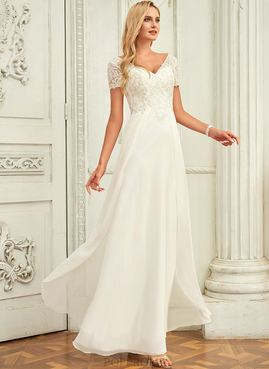 A-Line With Lace Wedding Floor-Length Chiffon Wedding Dresses V-neck Dress Siena