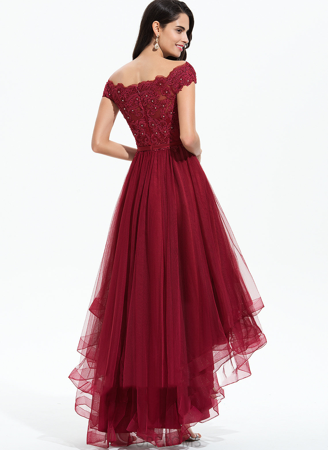 Off-the-Shoulder Asymmetrical A-Line Dress Parker Lace Tulle Cocktail Beading With Lace Cocktail Dresses Bow(s)