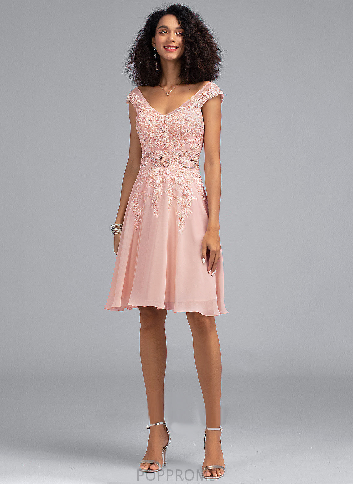 Beading Knee-Length Dress Chiffon Lace A-Line Veronica Cocktail Cocktail Dresses With V-neck Lace