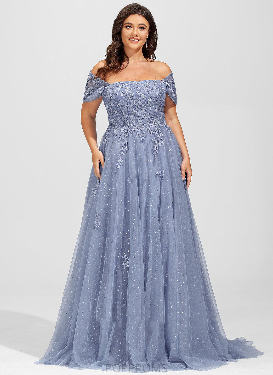 Sweep Sequins Train Adalyn Tulle Prom Dresses Off-the-Shoulder With Lace Ball-Gown/Princess