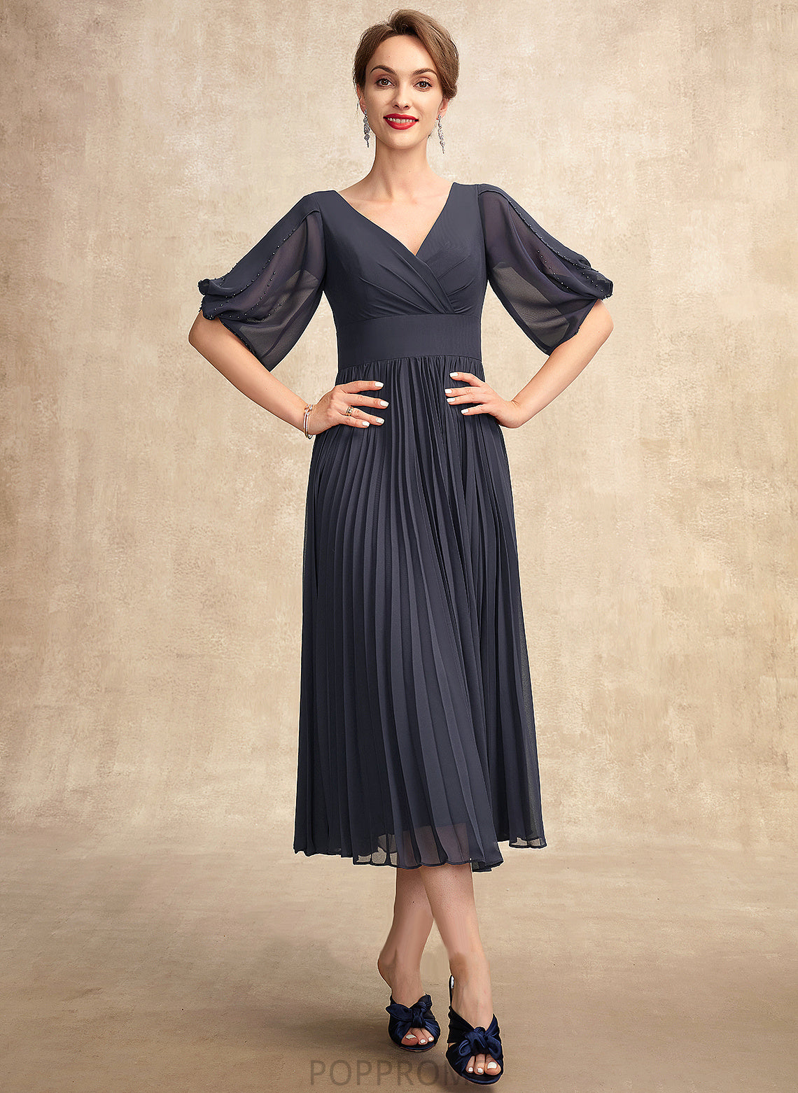 Dress Isis Bride V-neck With the A-Line Tea-Length Mother of the Bride Dresses Pleated Chiffon Mother of