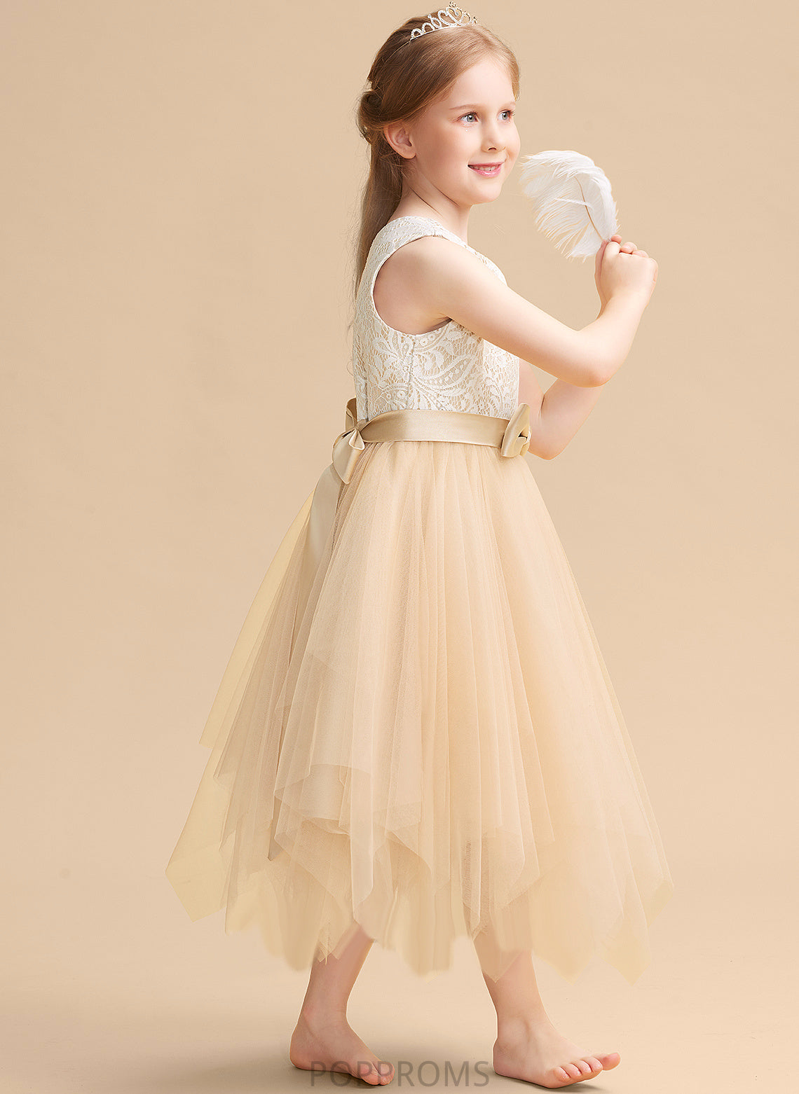 Sleeveless Scalloped Neck Flower Flower Girl Dresses Ciara With - Tulle Lace/Bow(s) A-Line Dress Tea-length Girl