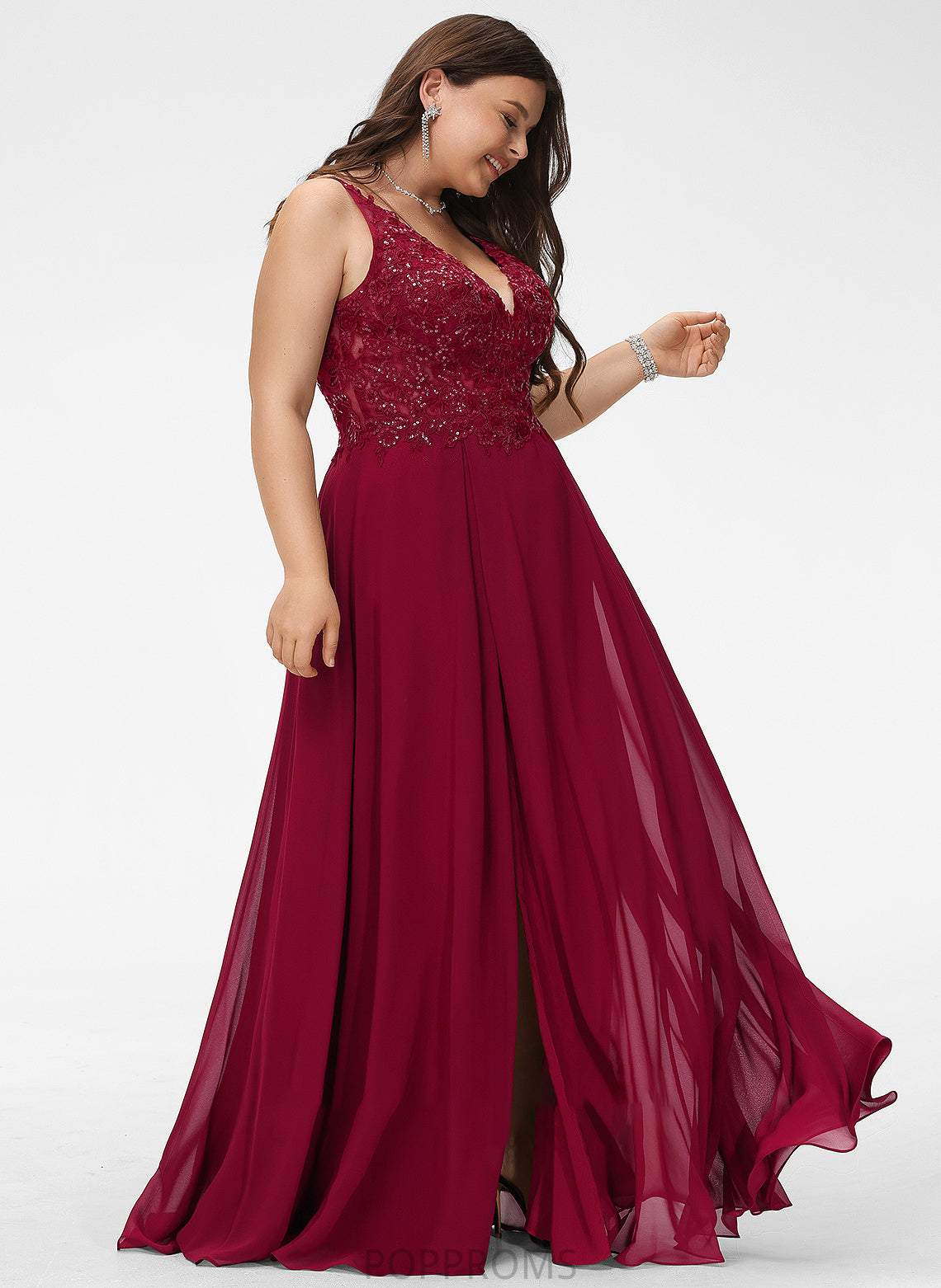 Prom Dresses Floor-Length Split Lace V-neck A-Line Chiffon Sequins Setlla Front With