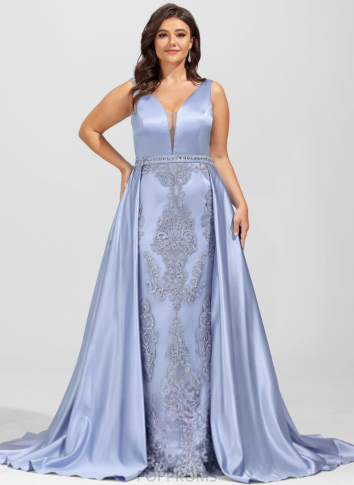 Serena Satin Prom Dresses With V-neck Sweep Sheath/Column Sequins Lace Train Beading