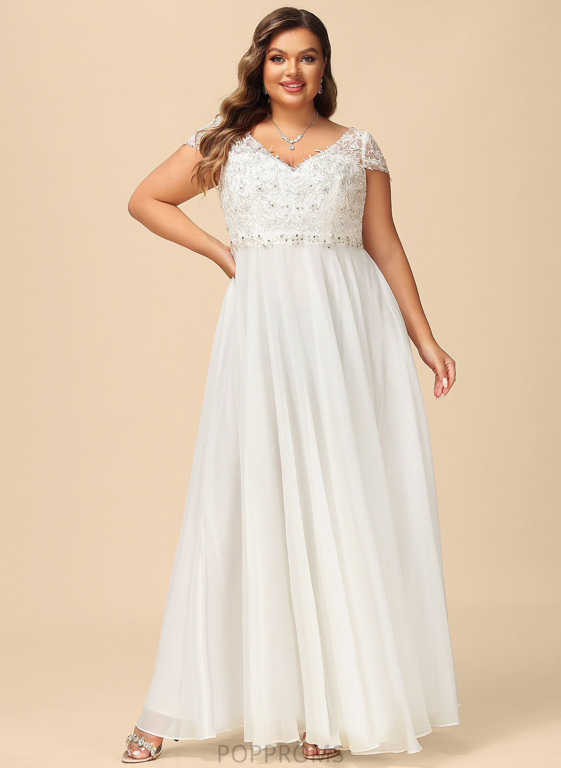 Sequins V-neck A-Line Dress Wedding Floor-Length Wedding Dresses With Danielle Chiffon Beading Lace