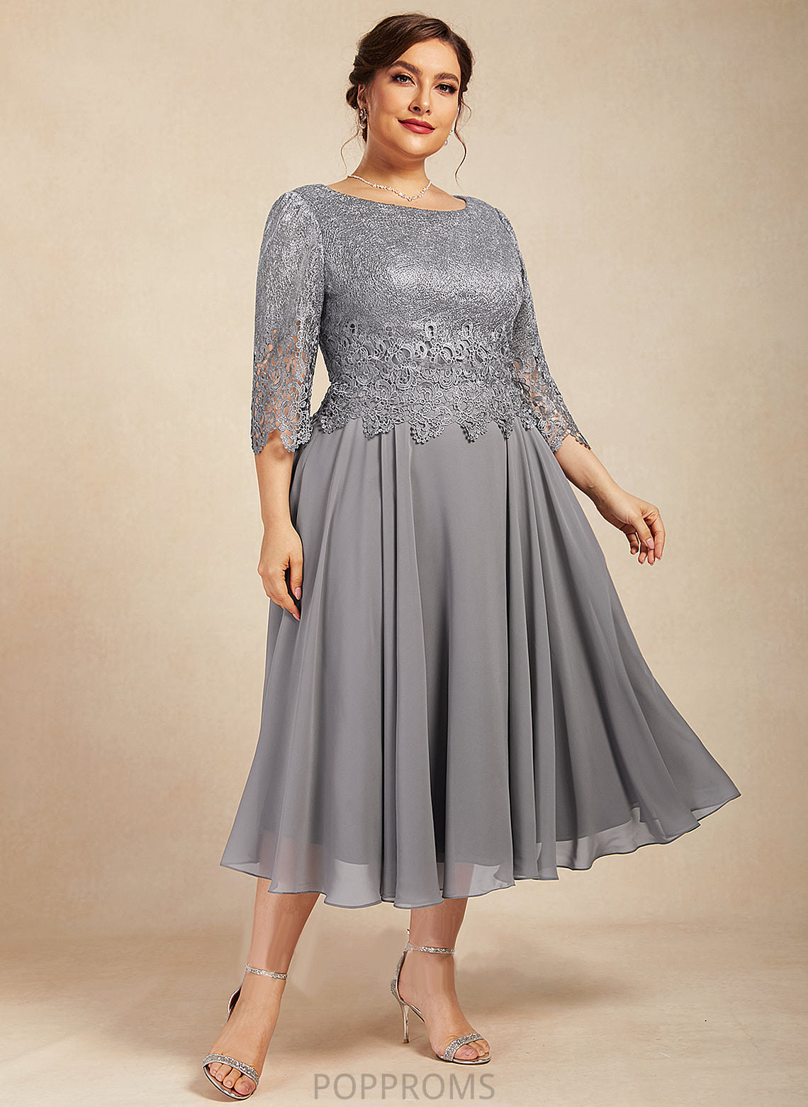 Lace Scoop A-Line the Bride Mother of the Bride Dresses Mother Tea-Length Dress of Lilly Chiffon Neck