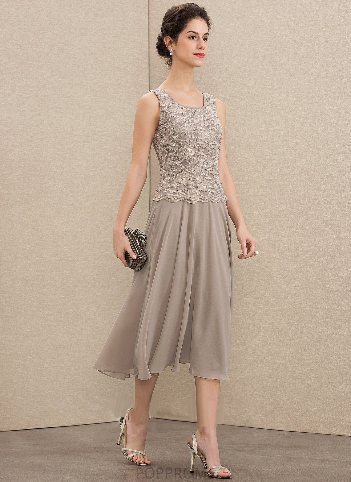 Dress the With of Neck Tea-Length A-Line Scoop Chiffon Sequins Mother Adrienne Mother of the Bride Dresses Bride Lace