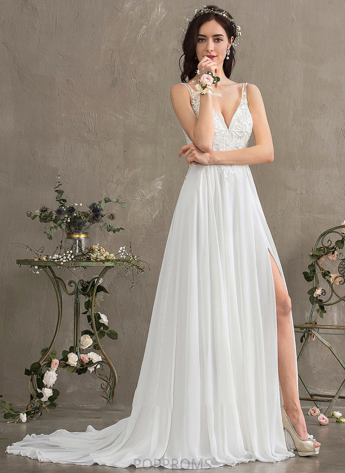 Wedding Sequins Front With V-neck Train A-Line Split Willa Dress Sweep Wedding Dresses Beading Chiffon