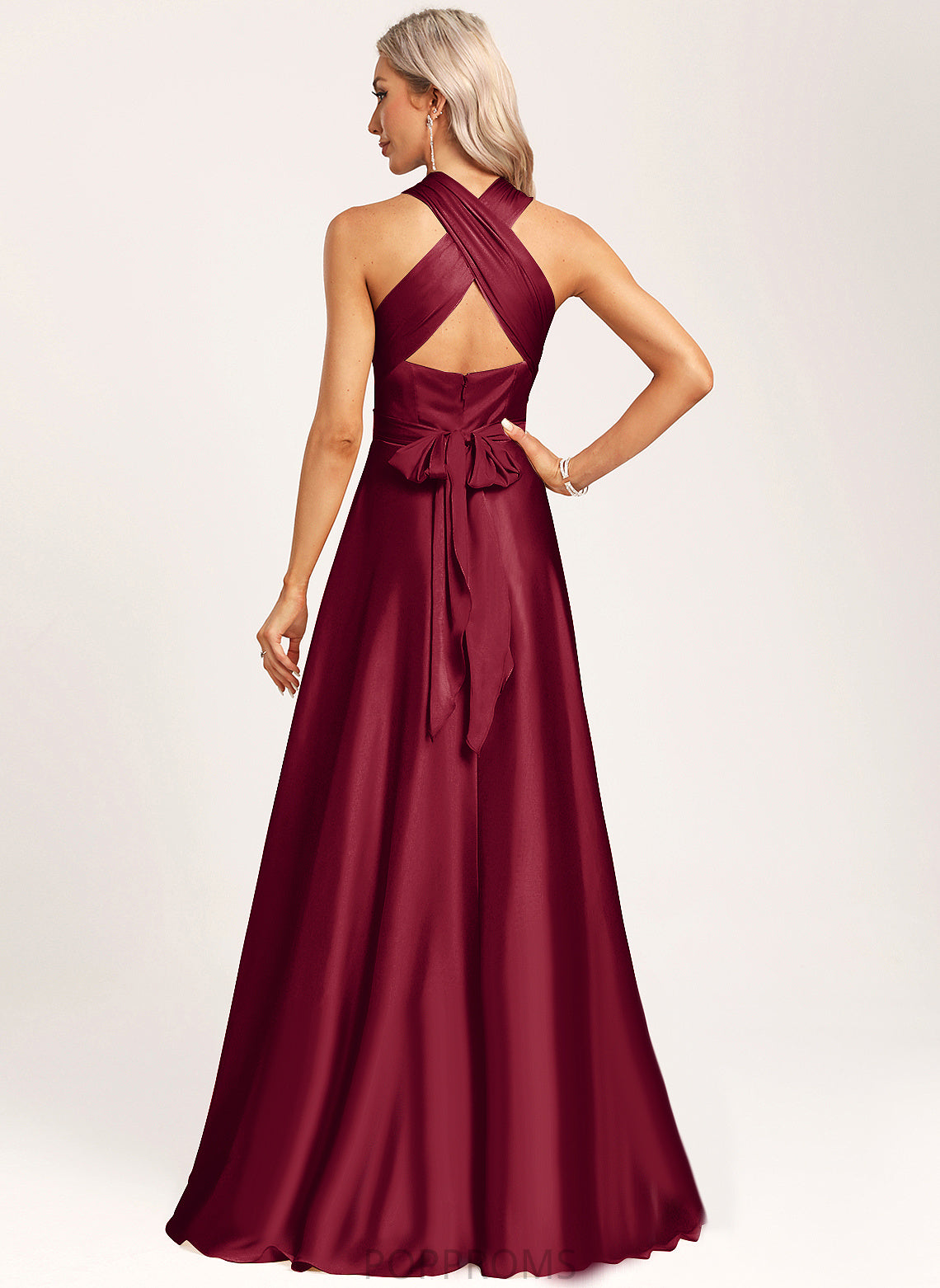 V-neck A-Line Satin One-Shoulder Length Silhouette Straps&Sleeves Halter Floor-Length Fabric Neckline Janelle Bridesmaid Dresses