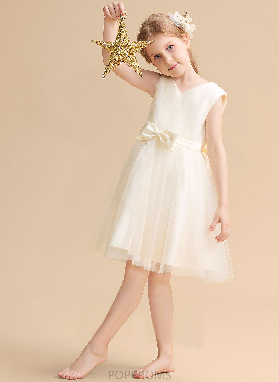 V-neck Knee-length Girl Tulle Flower Girl Dresses Dress A-Line With - Bow(s) Flower Evie Sleeveless