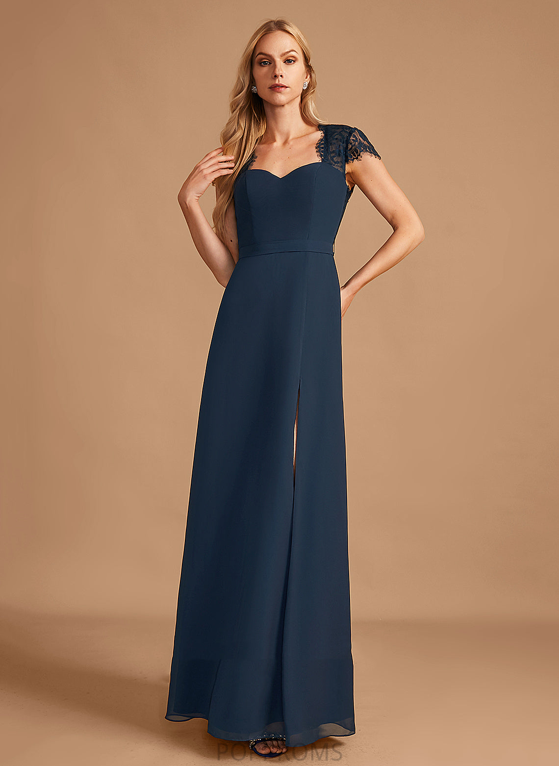 Silhouette Floor-Length Fabric Lace A-Line Embellishment Length Neckline SplitFront V-neck Madelyn Sleeveless Bridesmaid Dresses