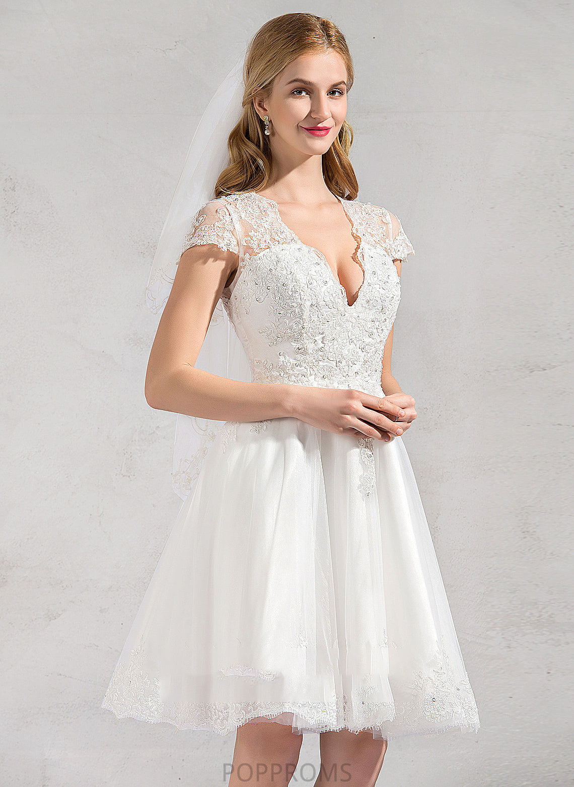 Wedding Dresses Lace Sequins V-neck Dress With Knee-Length A-Line Tulle Beading Lace Wedding Appliques Neveah