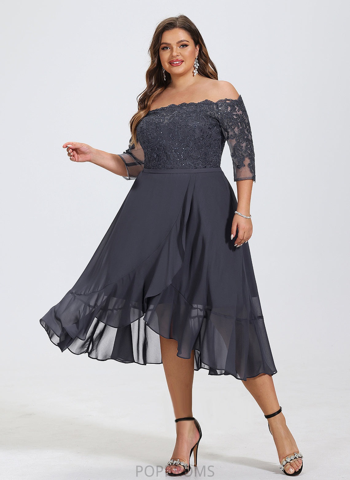 Off-the-Shoulder Cocktail Dresses With A-Line Asymmetrical Nancy Cocktail Lace Chiffon Sequins Dress