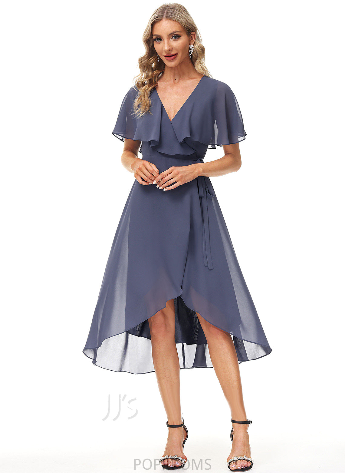 Mireya V-neck Cocktail Dresses Front A-Line Sash Chiffon With Dress Tea-Length Split Cocktail