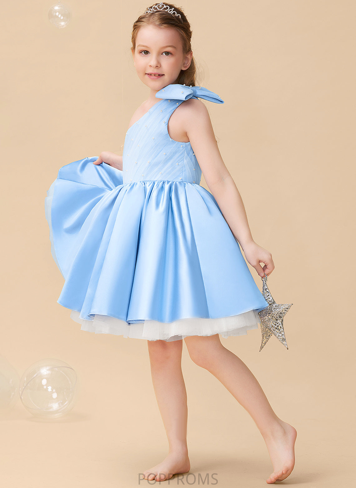 A-Line Flower Beading/Bow(s) With Dress Knee-length Flower Girl Dresses One-Shoulder Girl - Sherry Sleeveless Satin/Tulle