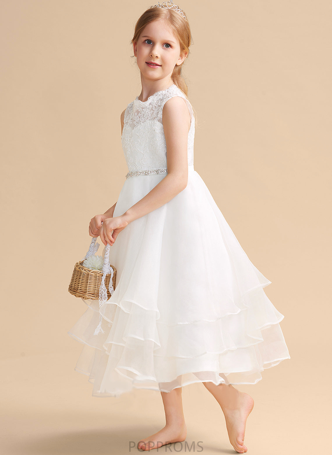 Neck Giuliana Sleeveless Tea-length Dress A-Line Girl Flower Scoop - With Organza/Lace Flower Girl Dresses Beading/Rhinestone