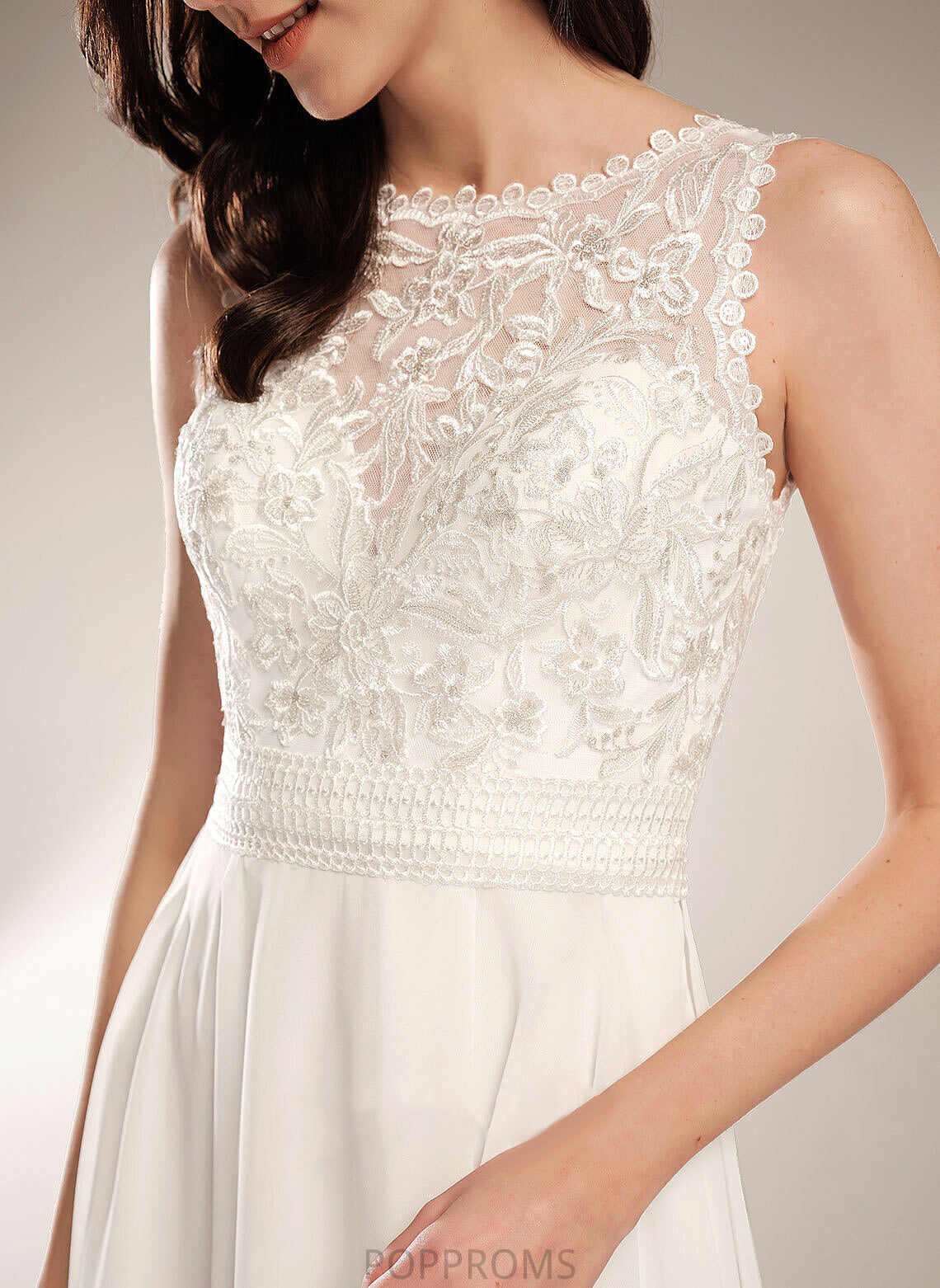 Neck Scoop Asymmetrical Chiffon Wedding Dresses Dominique Lace Wedding A-Line Dress