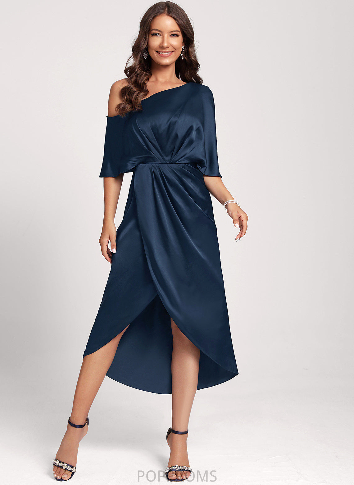 Dress Satin One-Shoulder Cocktail Sheath/Column Club Dresses Stretch Essence Tea-Length