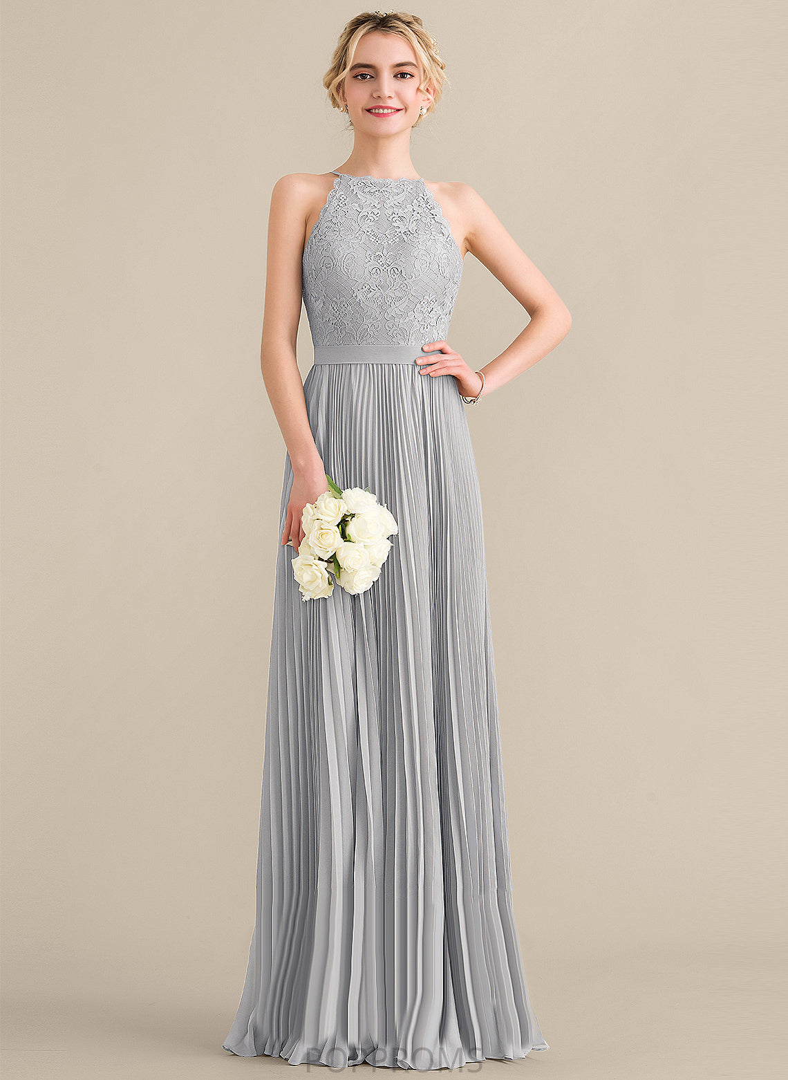 Floor-Length With Chiffon Lace Lillian A-Line Scoop Prom Dresses Pleated