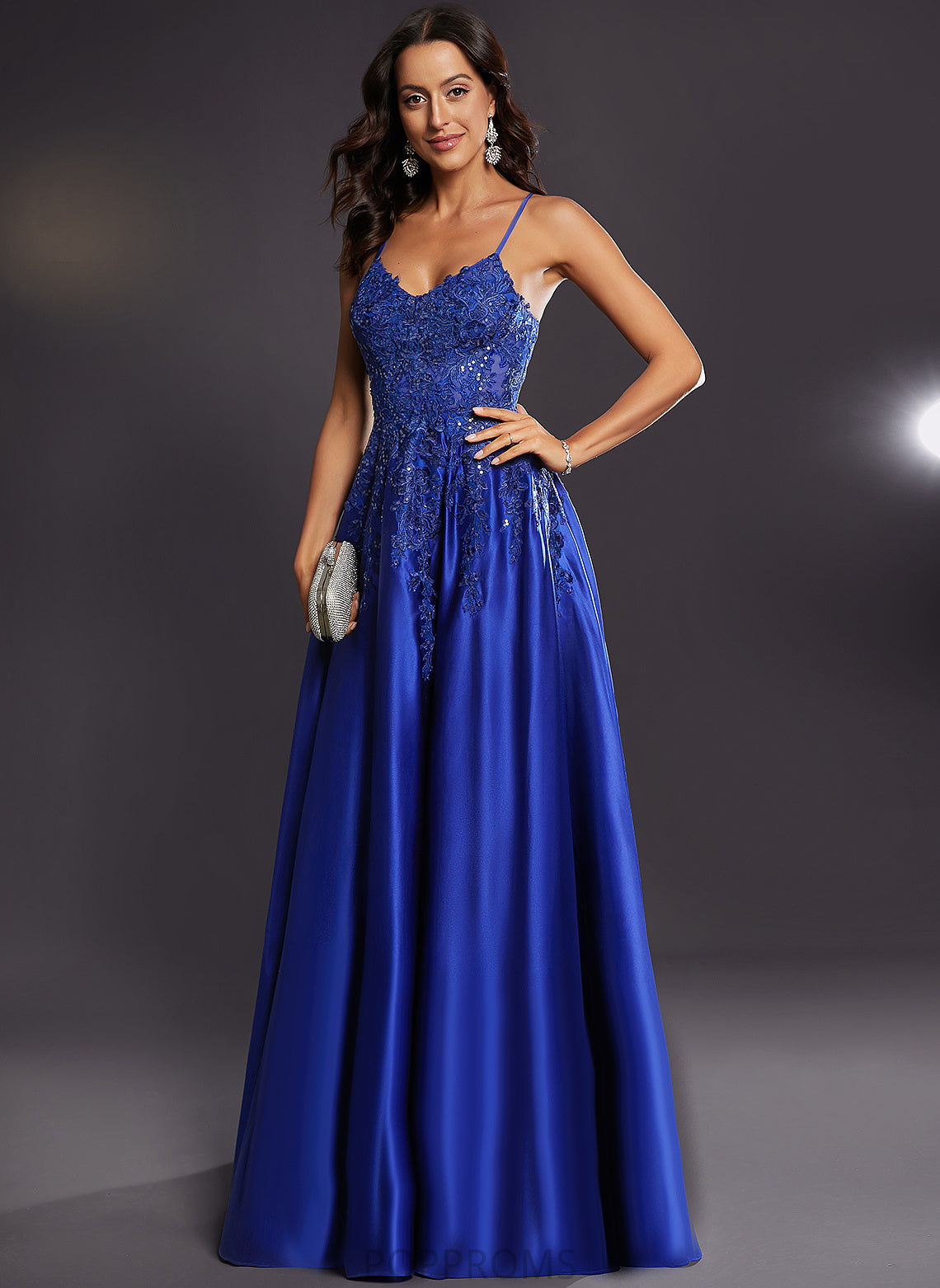 With Satin V-neck Suzanne Sequins Floor-Length A-Line Prom Dresses