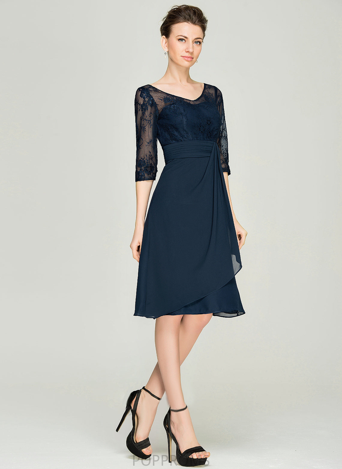 A-Line Cascading With V-neck Chiffon Ruffles Mother of the Bride Dresses Knee-Length Dress the Lace Mother Chaya of Bride